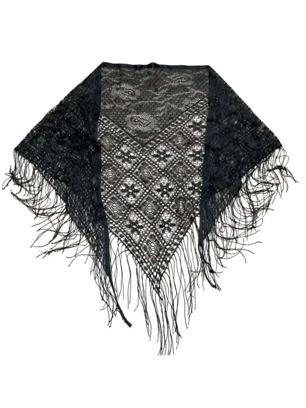 Vtg Black Lace Triangle Shawl W/ Fringe Detailing Elegant Wrap For Evening Wear